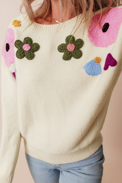 Crochet Flower Round Neck Dropped Shoulder Sweater-Angel Casuals