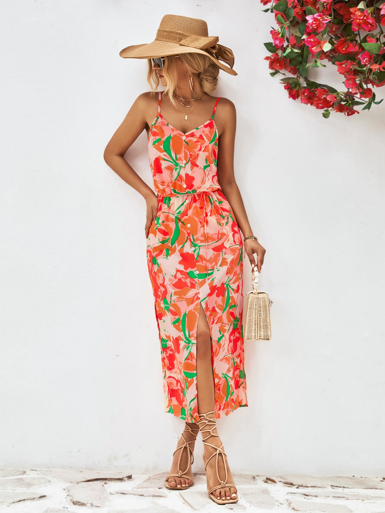 Printed Spaghetti Strap Front Slit Dress-Angel Casuals