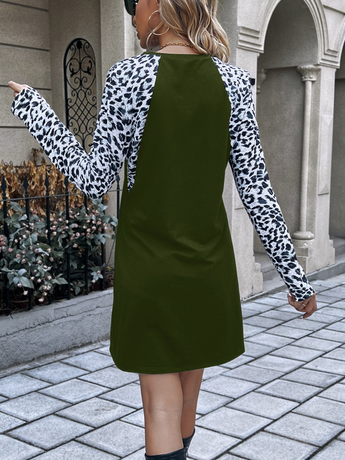 Leopard Round Neck Long Sleeve Dress-Angel Casuals