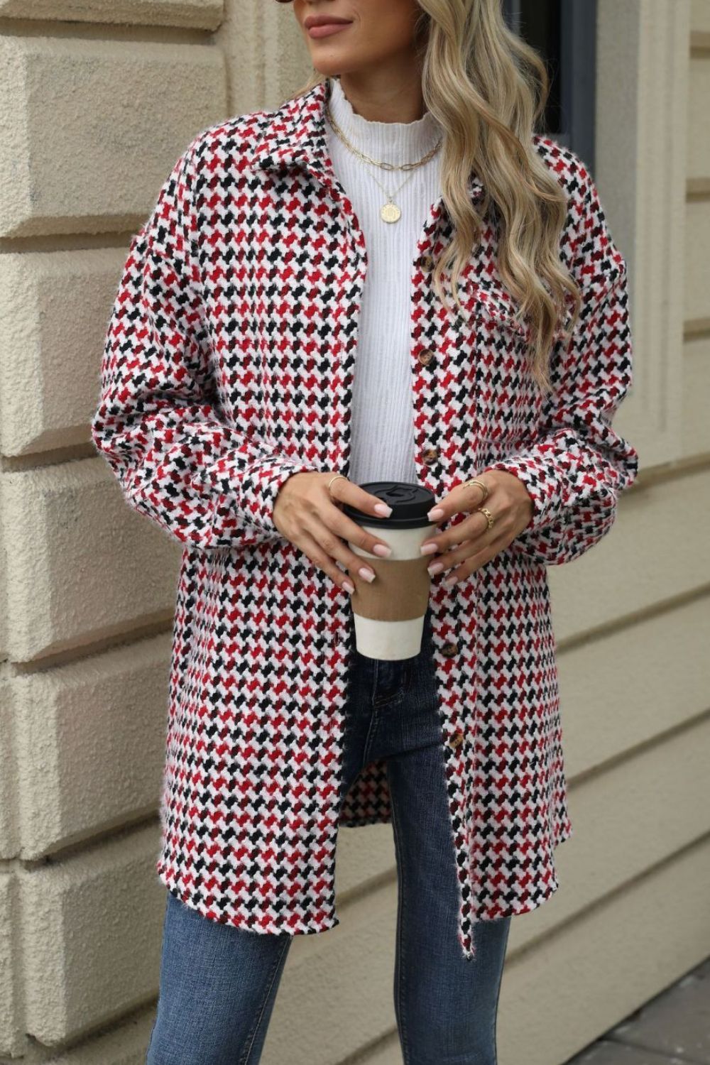 Houndstooth Button Up Dropped Shoulder Coat-Angel Casuals