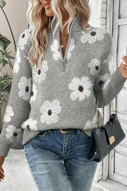 Flower Half Zip Long Sleeve Sweater-Angel Casuals