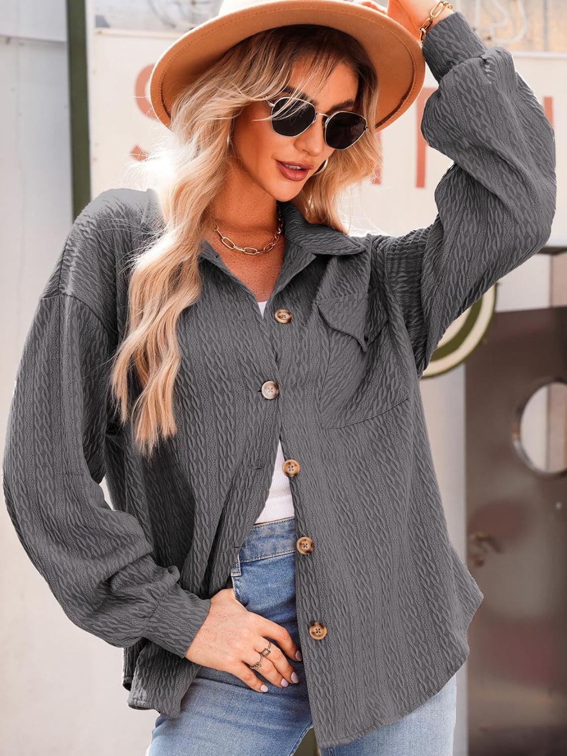 Textured Button Up Long Sleeve Shacket-Angel Casuals