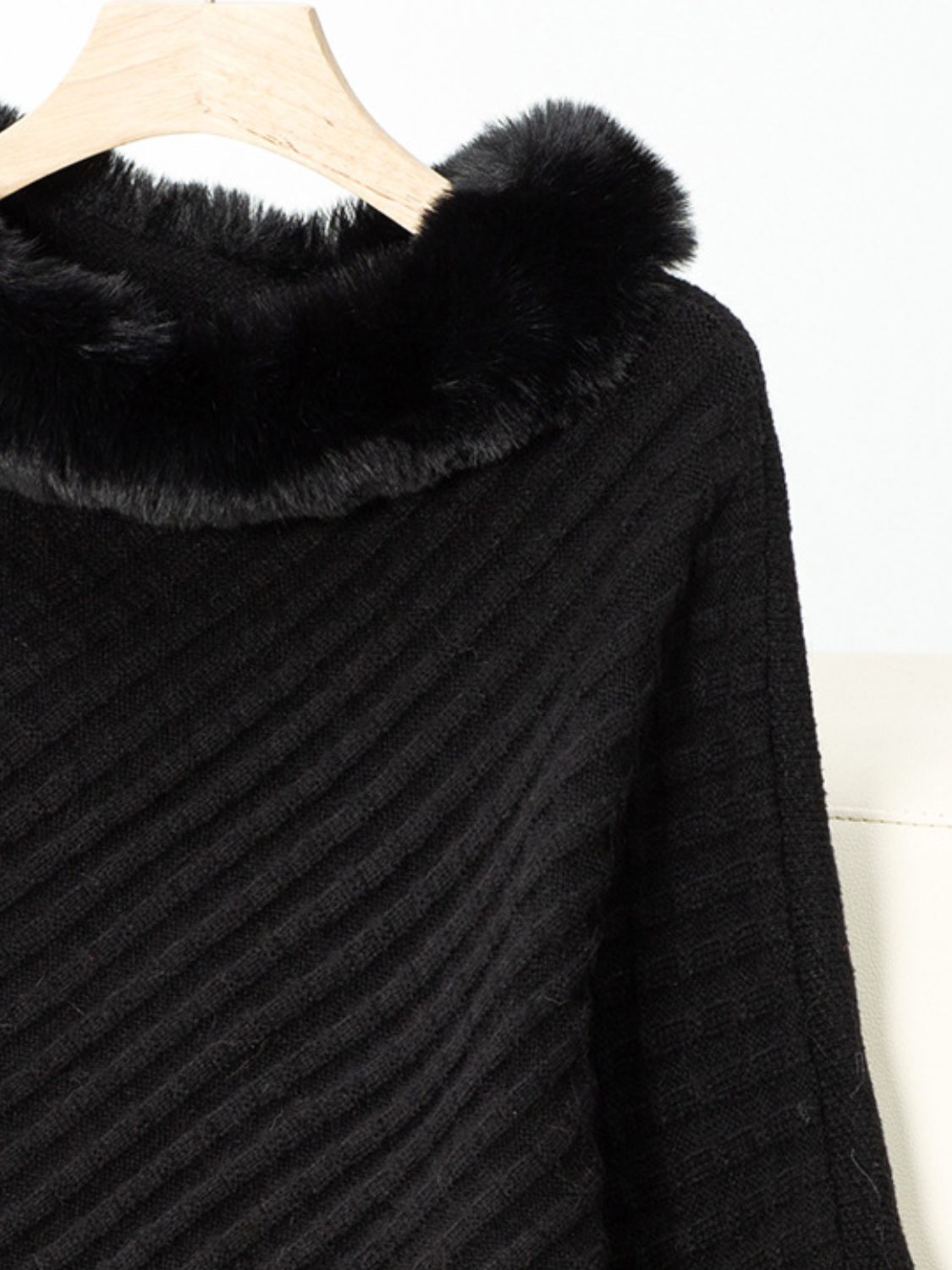 Fuzzy Trim Texture Three-Quarter Sleeve Poncho-Angel Casuals