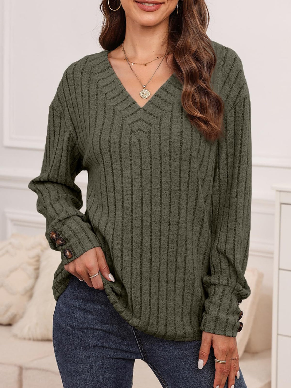 Ribbed V-Neck Long Sleeve T-Shirt-Angel Casuals