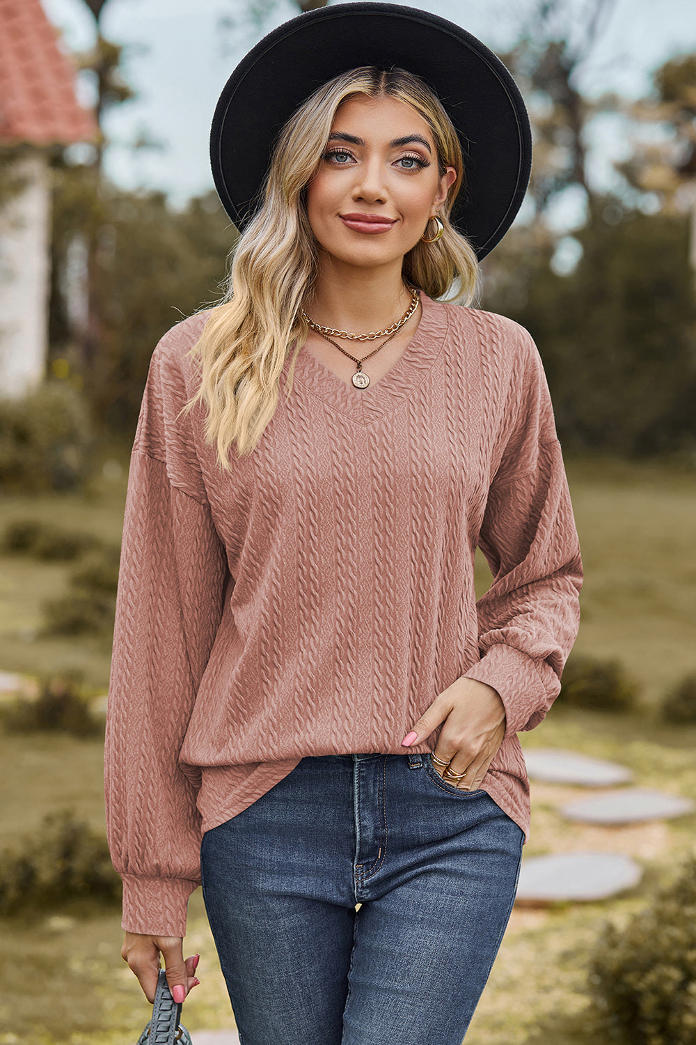Textured V-Neck Dropped Shoulder T-Shirt-Angel Casuals