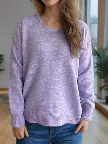 V-Neck Dropped Shoulder Long Sleeve Sweater-Angel Casuals