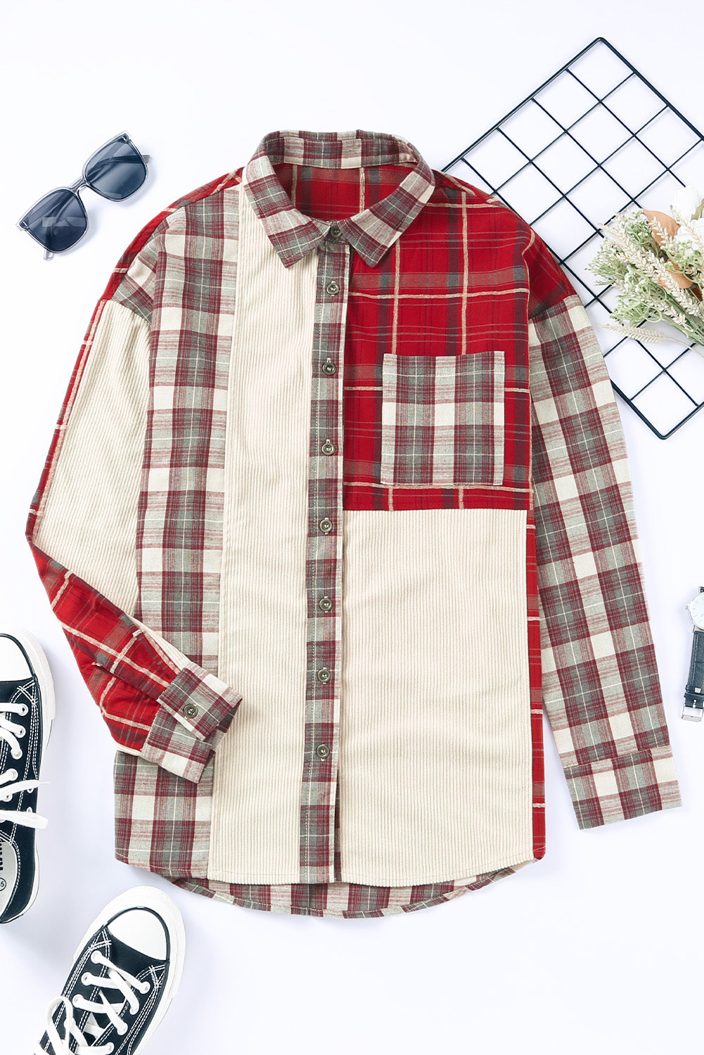 Plaid Patchwork Collared Neck Shacket-Angel Casuals