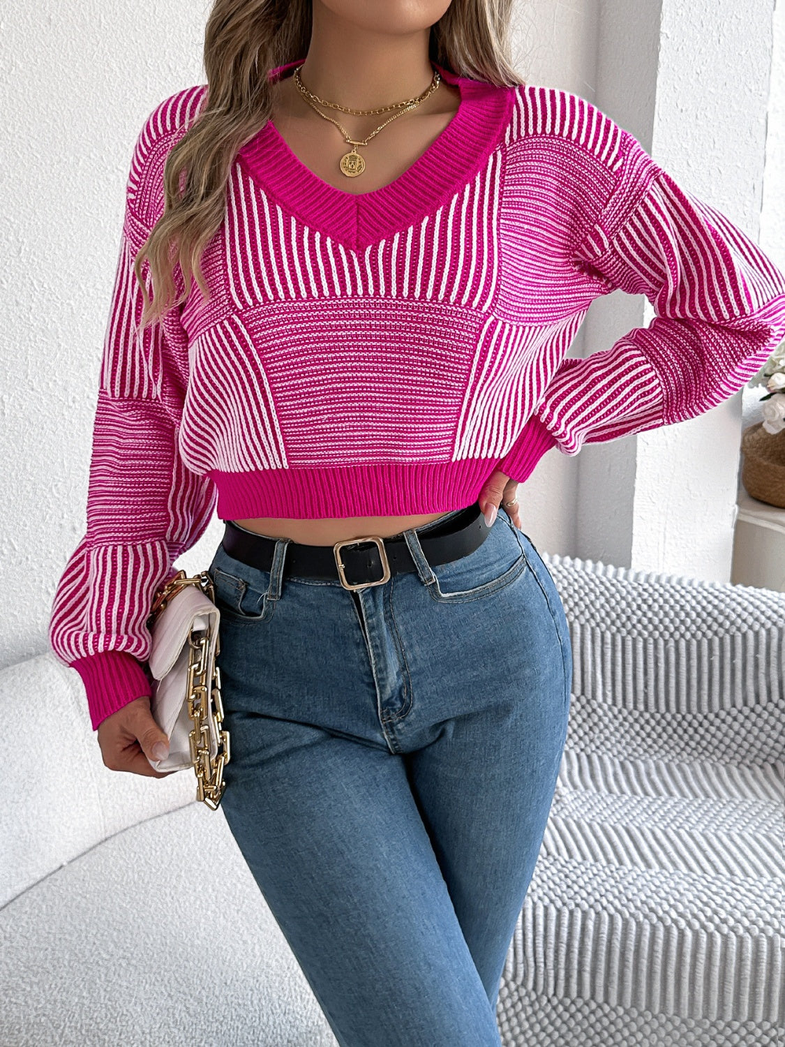 Striped V-Neck Long Sleeve Sweater-Angel Casuals