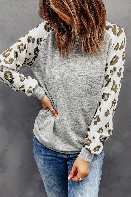 Round Neck Leopard Print Raglan Sleeve Top-Angel Casuals