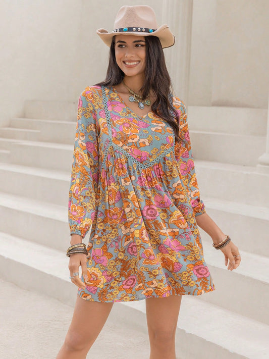 Printed V-Neck Balloon Sleeve Mini Dress-Angel Casuals