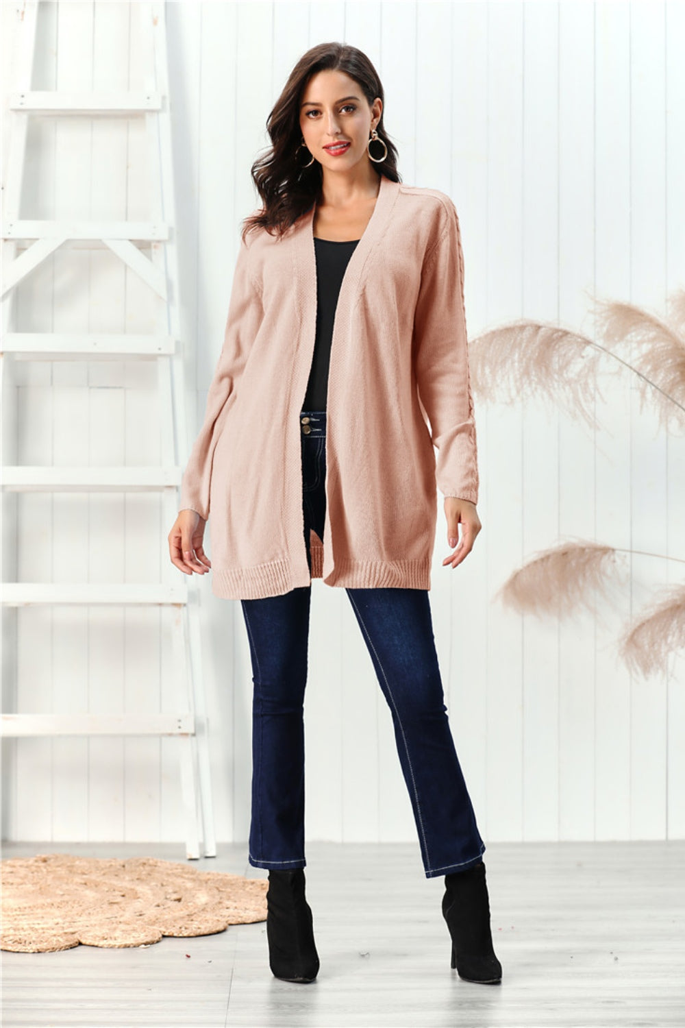 Cable-Knit Open Front Long Sleeve Cardigan-Angel Casuals