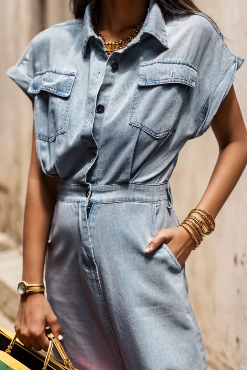 Slit Pocketed Half Button Denim Dress-Angel Casuals