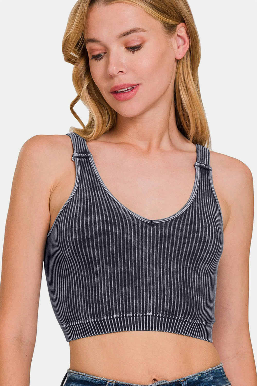 Zenana Washed Ribbed Cropped V-Neck Tank-Angel Casuals