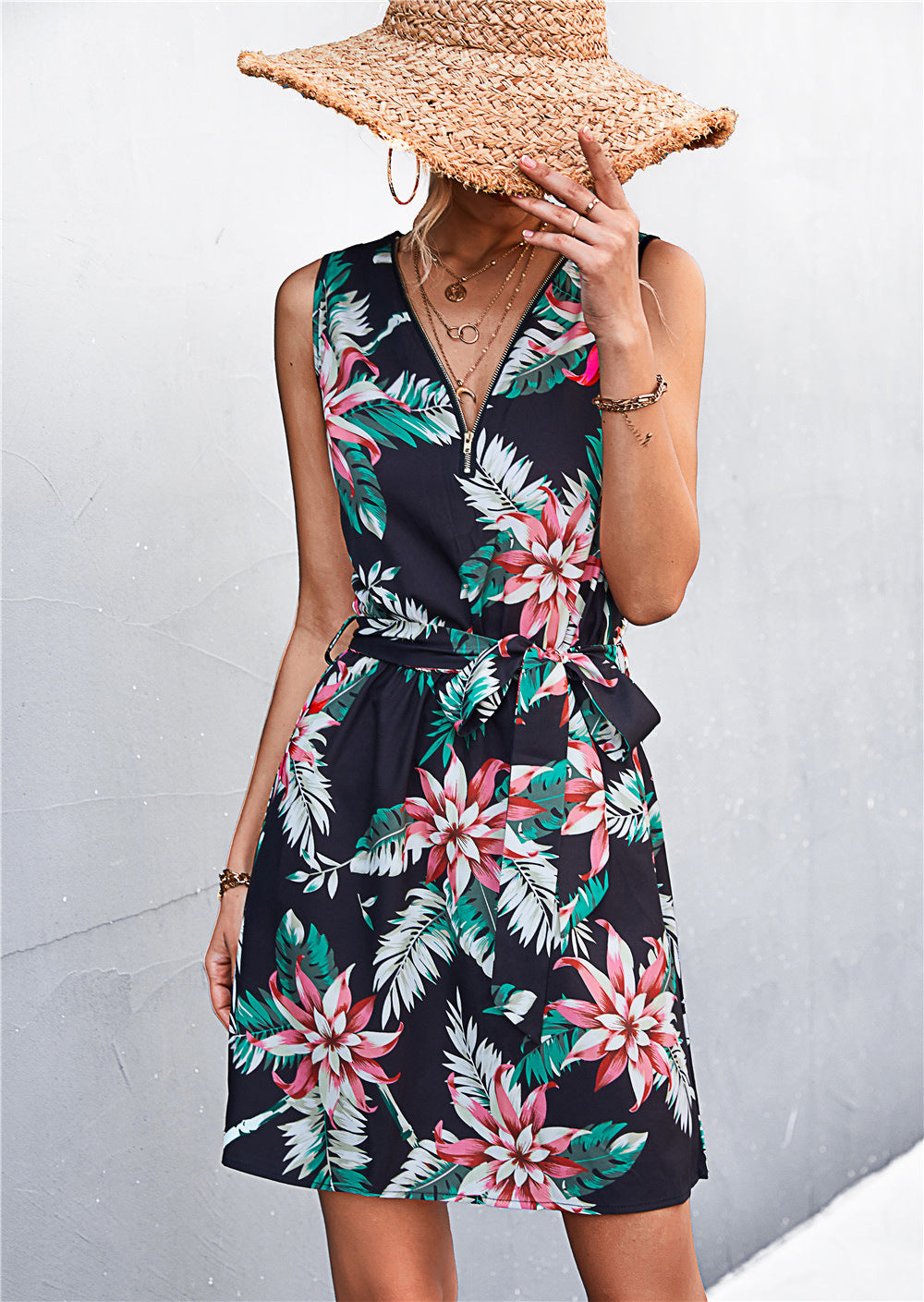 Printed Zip Detail Belted Sleeveless Dress-Angel Casuals