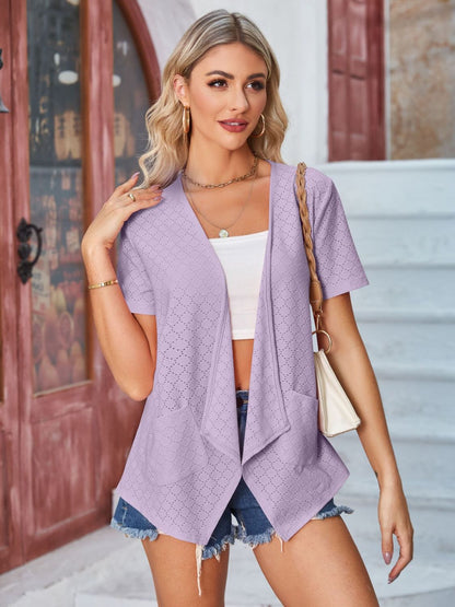 Eyelet Open Front Short Sleeve Cover Up-Angel Casuals