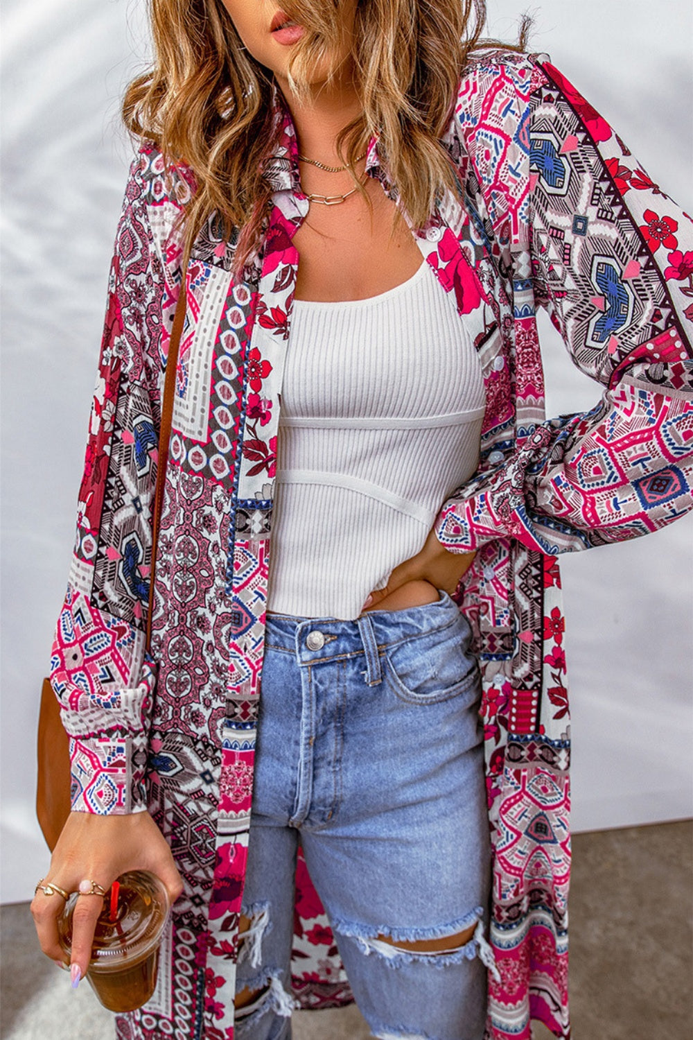 Printed Button Up Long Sleeve Cardigan-Angel Casuals