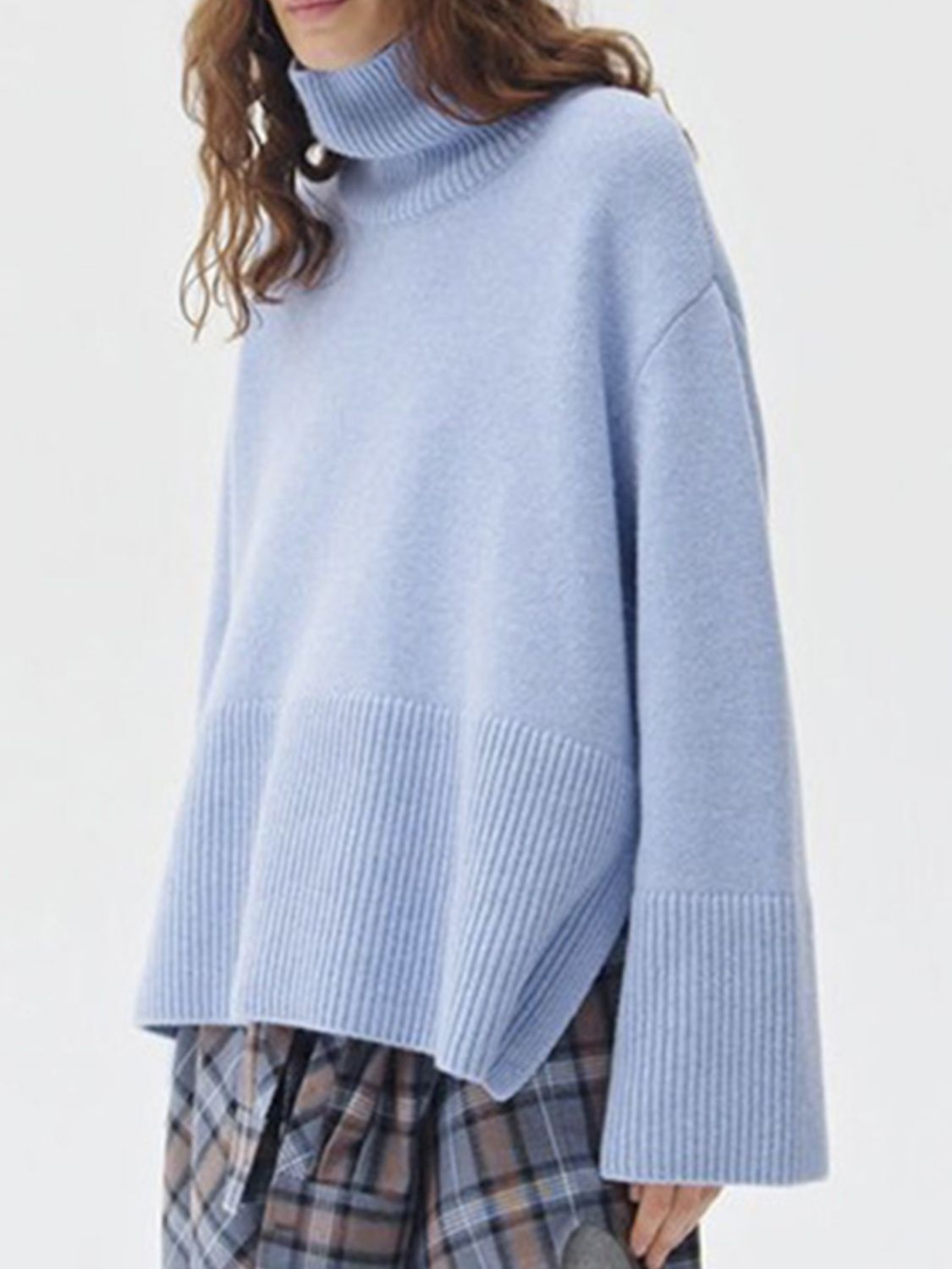 Side Slit Turtleneck Drop Shoulder Sweater-Angel Casuals