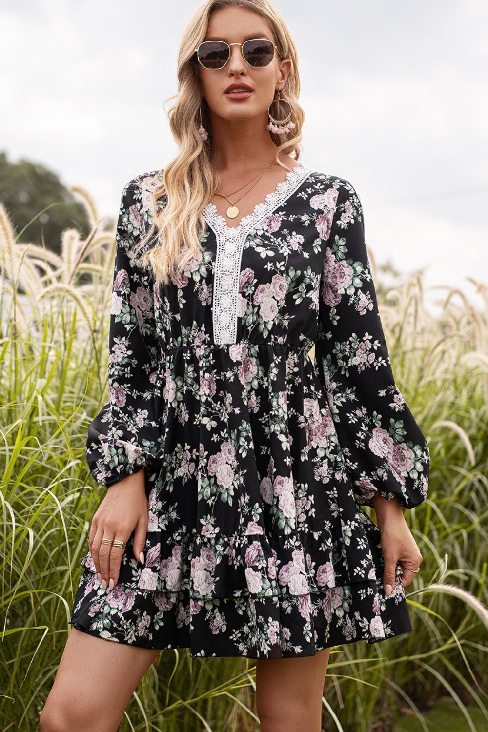 Floral Lace Trim Long Sleeve Dress-Angel Casuals