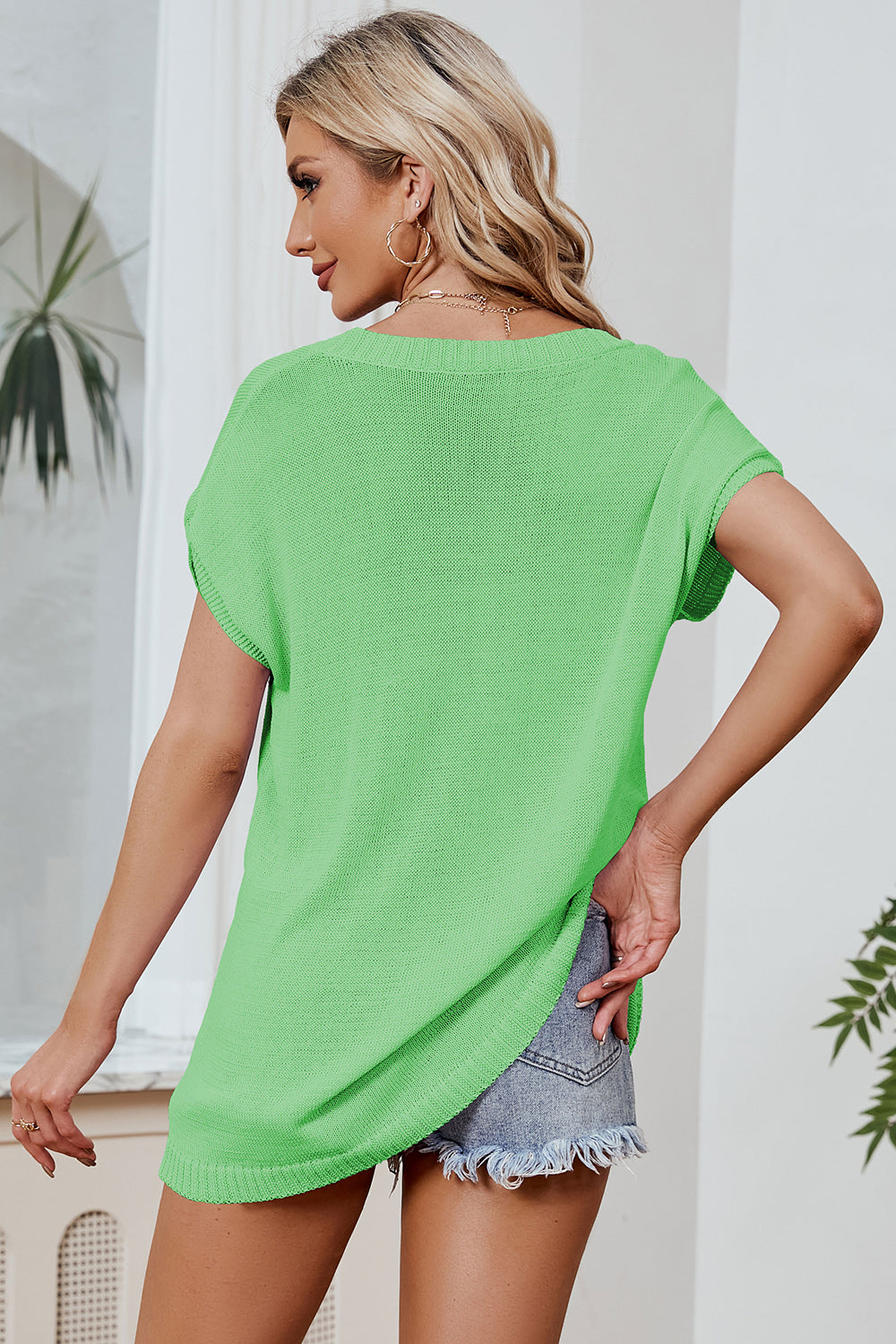 Color Block V-Neck Short Sleeve Knit Top-Angel Casuals