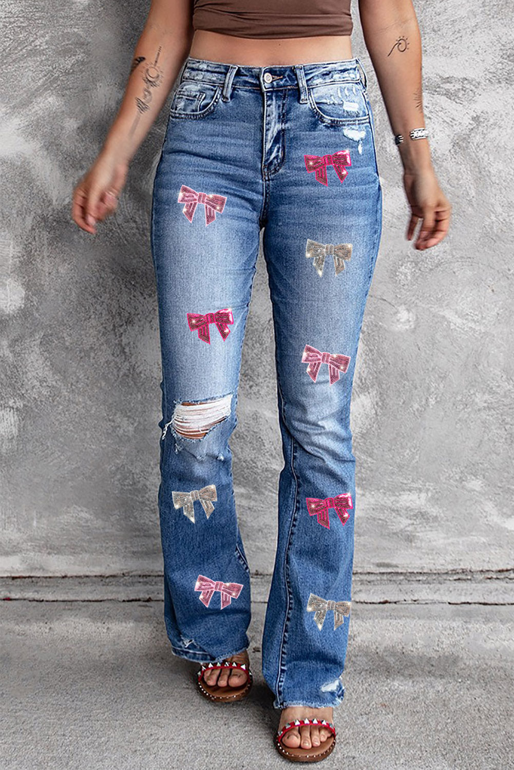 Sequin Bow Distressed Bootcut Jeans-Angel Casuals