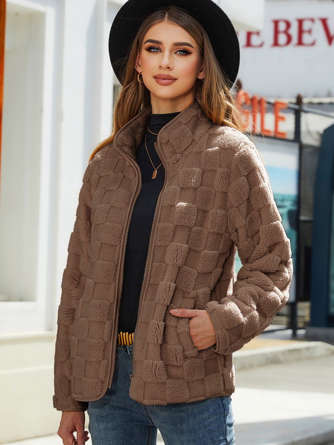 Fuzzy Checkered Zip Up Jacket-Angel Casuals