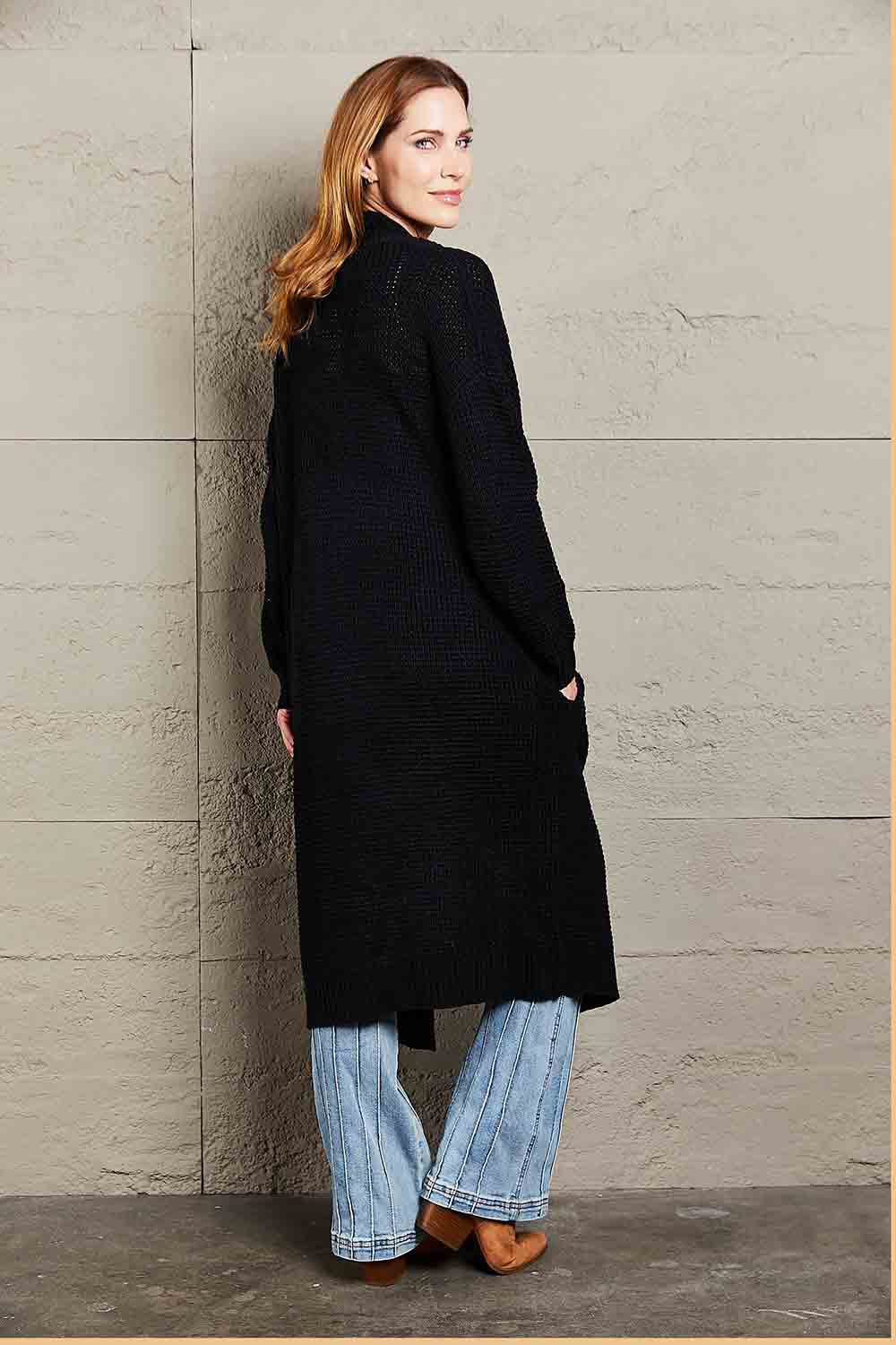 Waffle Knit Open Front Duster Cardigan With Pockets-Angel Casuals