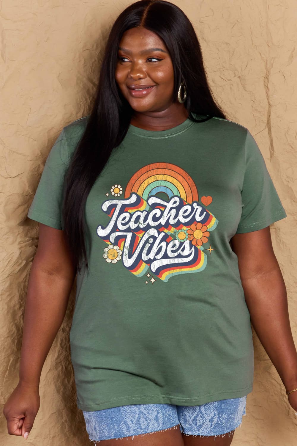 Simply Love Full Size TEACHER VIBES Graphic Cotton T-Shirt-Angel Casuals