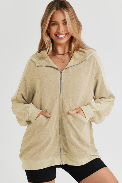 Pocketed Zip Up Dropped Shoulder Hooded Jacket-Angel Casuals