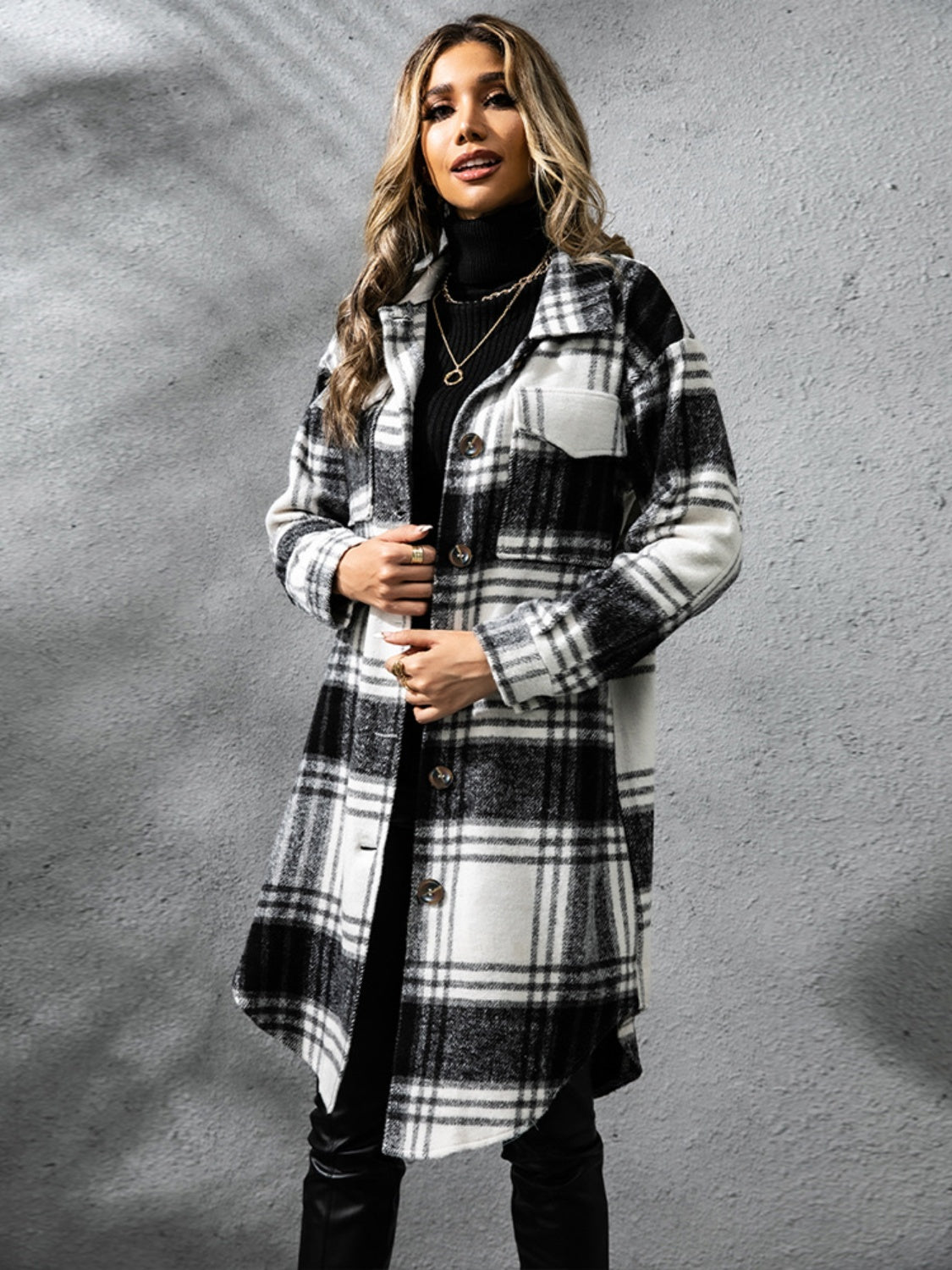 Plaid Collared Neck Long Sleeve Coat-Angel Casuals