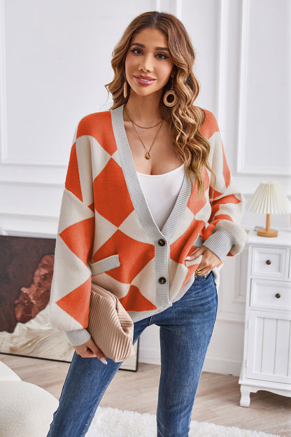 Geometric Lantern Sleeve Cardigan with Pockets-Angel Casuals