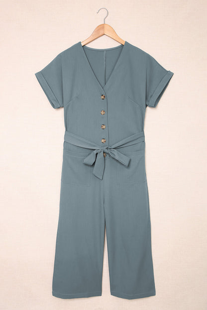 Tie-Waist Buttoned Cropped Jumpsuit-Angel Casuals