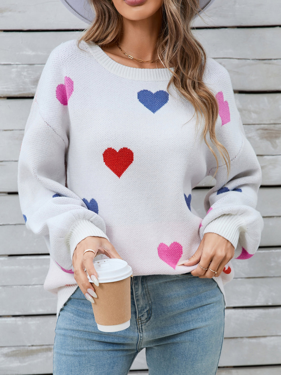 Angel Wings Heart Round Neck Long Sleeve Sweater-Angel Casuals