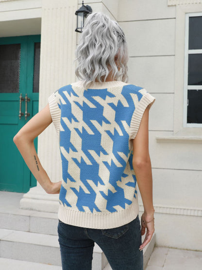 Houndstooth V-Neck Sweater Vest-Angel Casuals