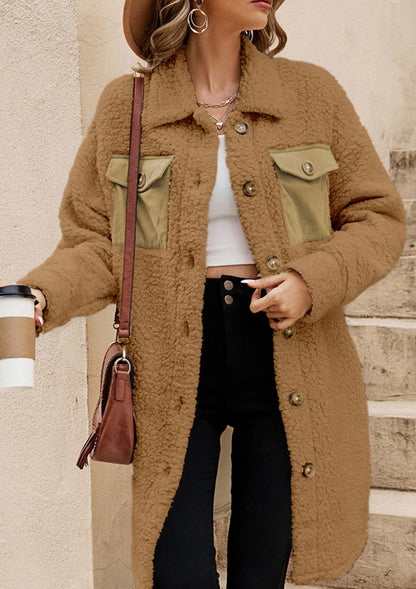 Collared Neck Long Sleeve Longline Teddy Jacket-Angel Casuals