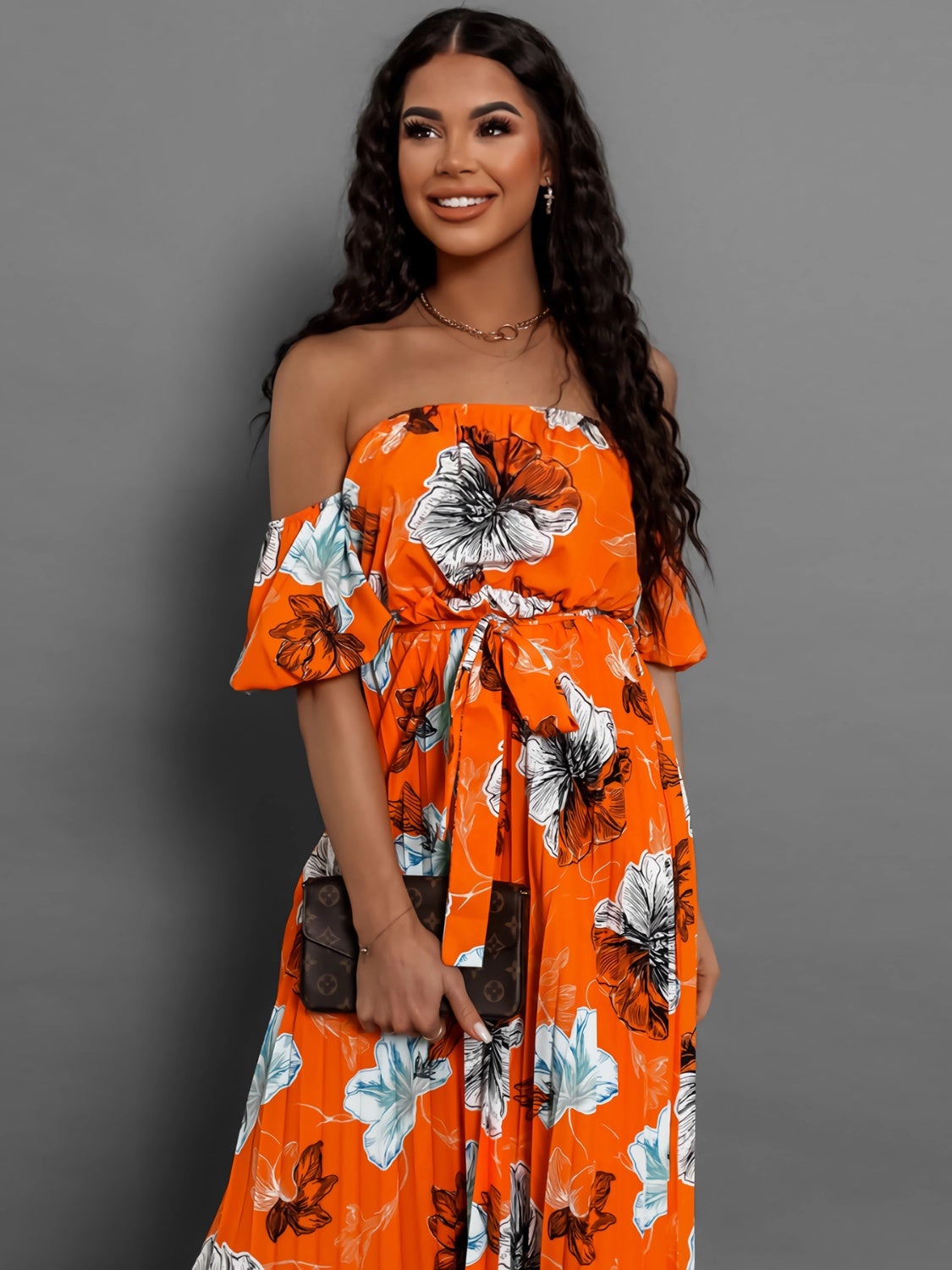 Pleated Floral Off-Shoulder Short Sleeve Midi Dress-Angel Casuals