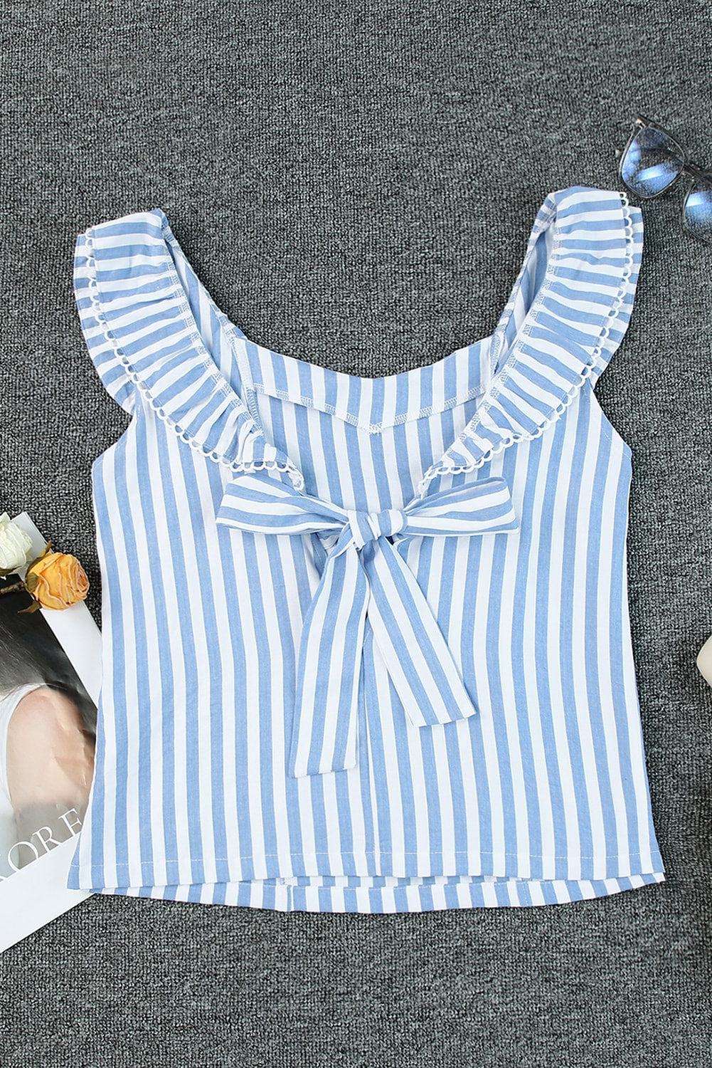 Striped Tie Back Ruffled Tank-Angel Casuals