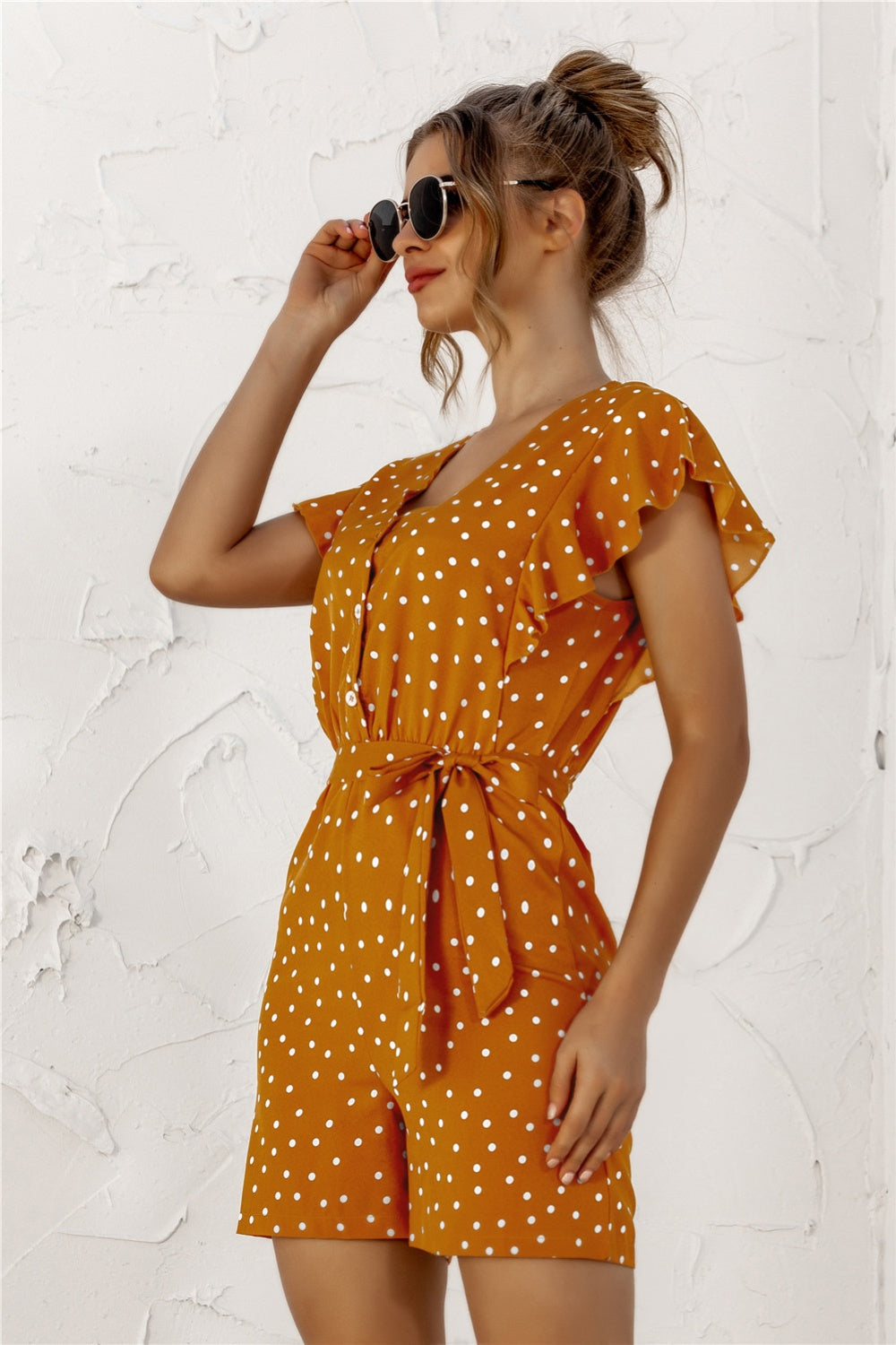 Ruffled Polka Dot Half Button Romper-Angel Casuals