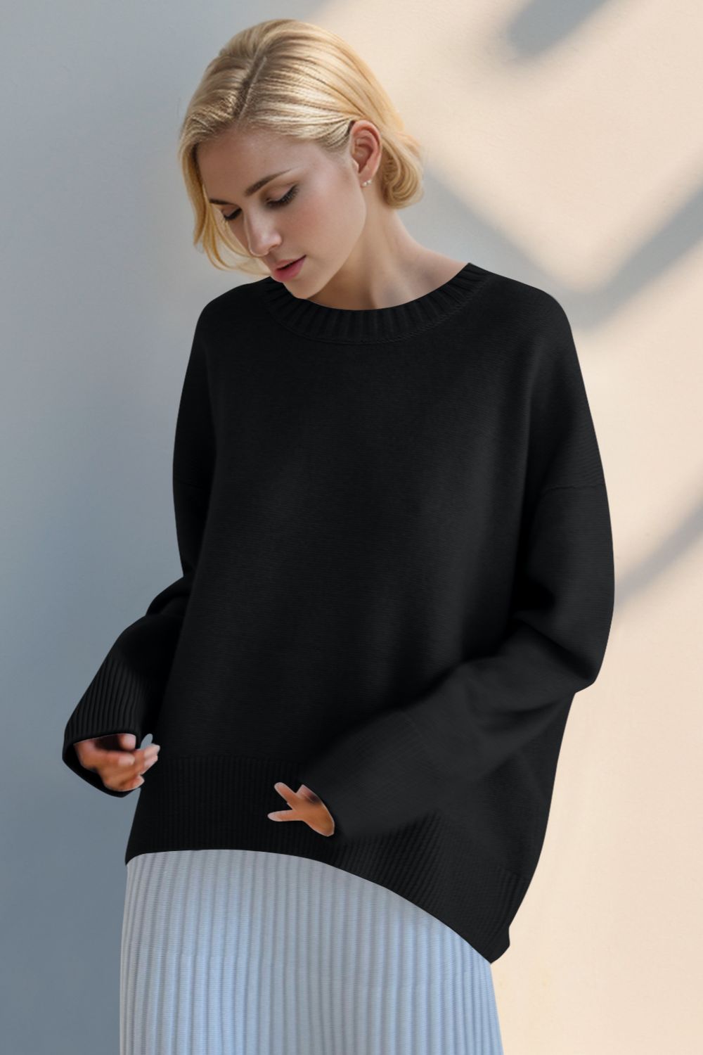 Basic Bae Round Neck Dropped Shoulder Sweater-Angel Casuals