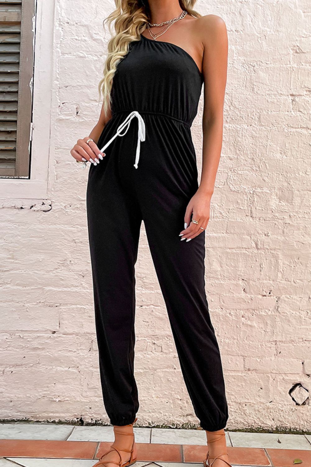 One-Shoulder Drawstring Waist Jogger Jumpsuit-Angel Casuals