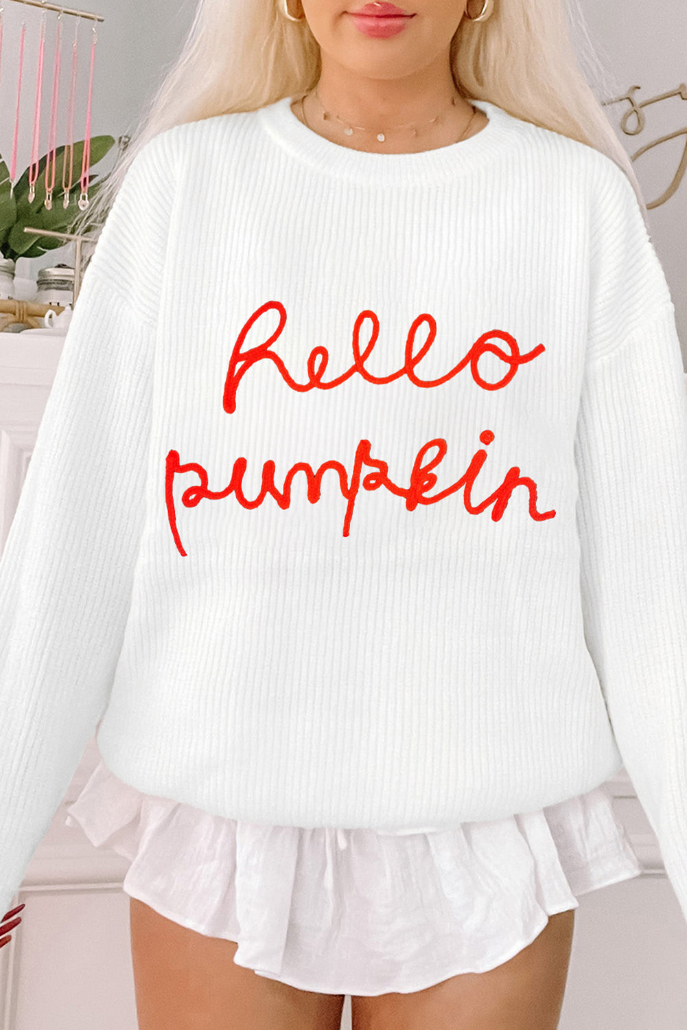 HELLO PUMPKIN Round Neck Long Sleeve Sweater-Angel Casuals