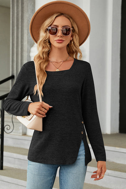 Slit Decorative Button Square Neck T-Shirt-Angel Casuals