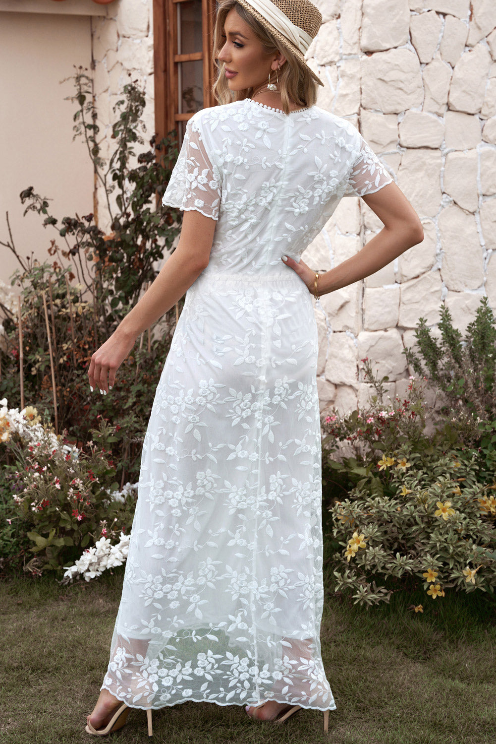 Embroidered Short Sleeve Surplice Neck Maxi Dress-Angel Casuals