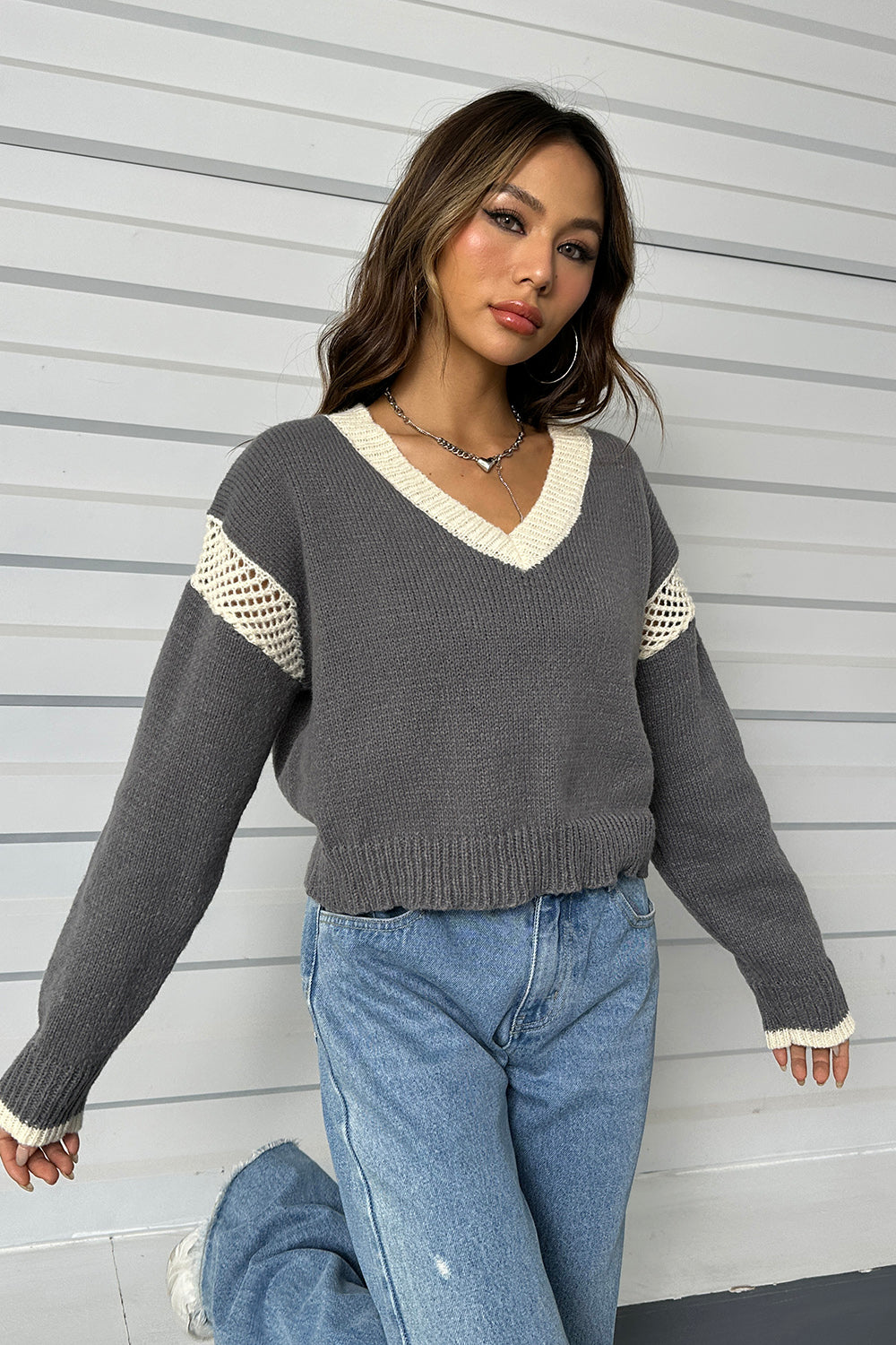 Contrast Openwork Long Sleeve V-Neck Sweater-Angel Casuals