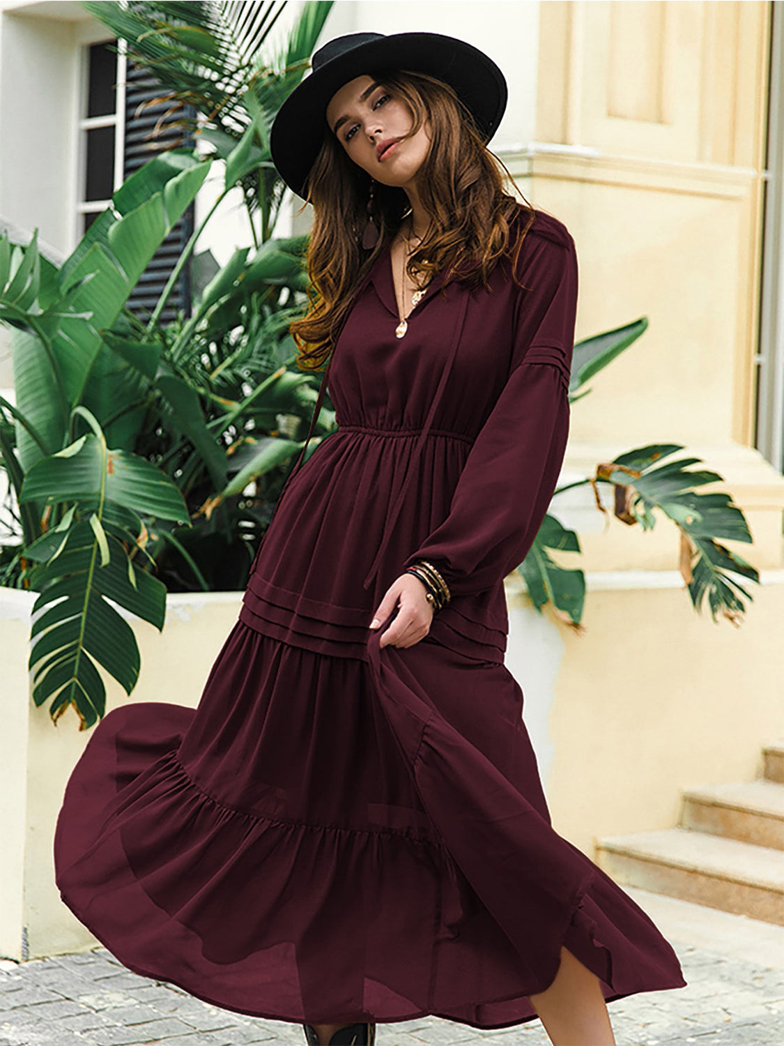 Tie Neck Long Sleeve Midi Tiered Dress-Angel Casuals