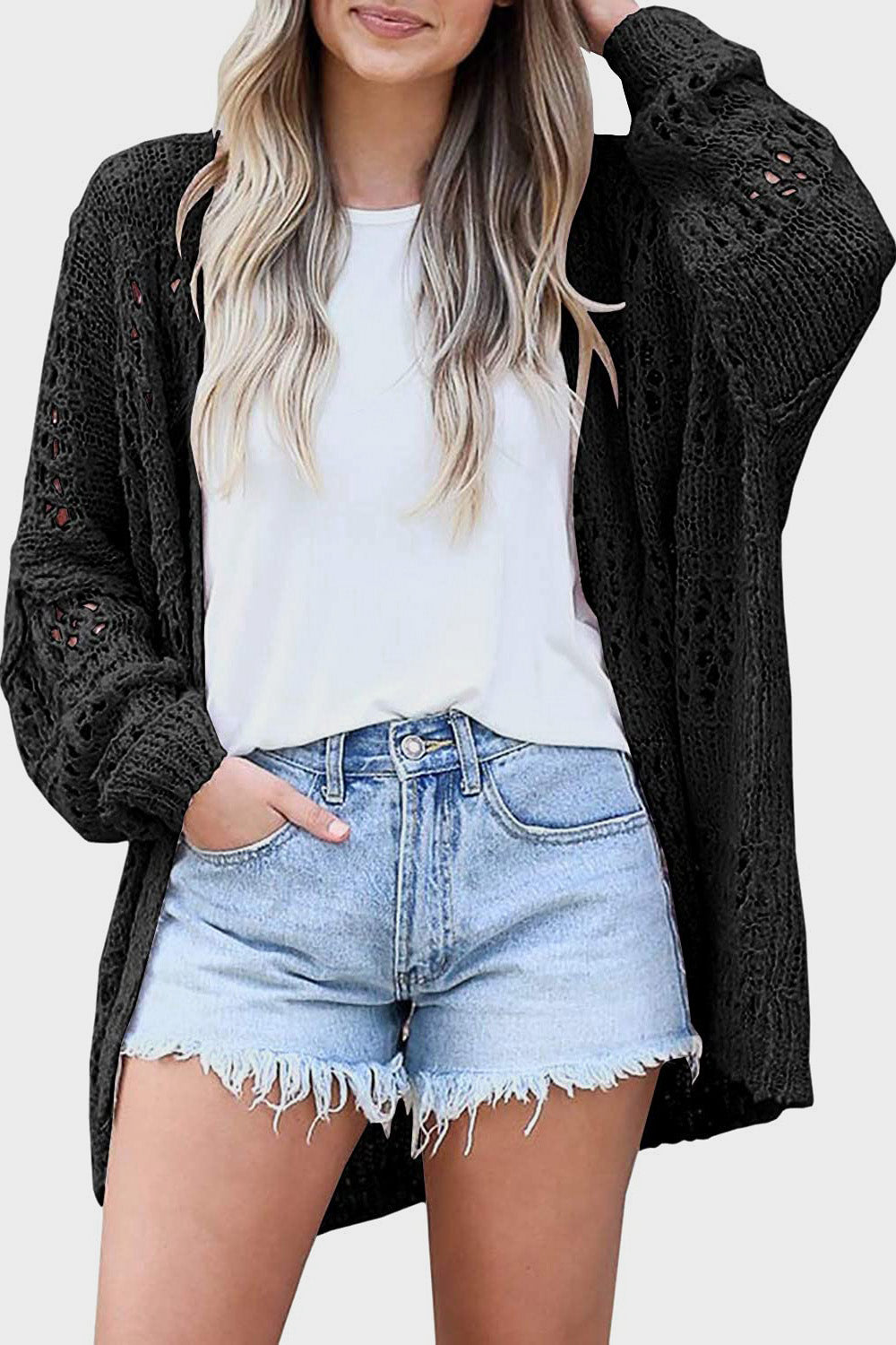 Openwork Open Front Long Sleeve Cardigan-Angel Casuals