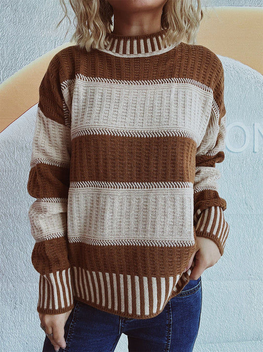 Contrast Round Neck Long Sleeve Sweater-Angel Casuals