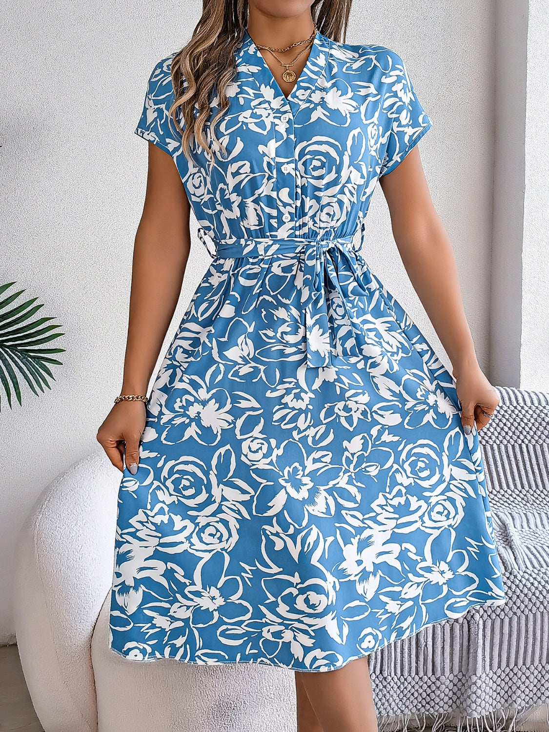 Printed V-Neck Short Sleeve Dress-Angel Casuals