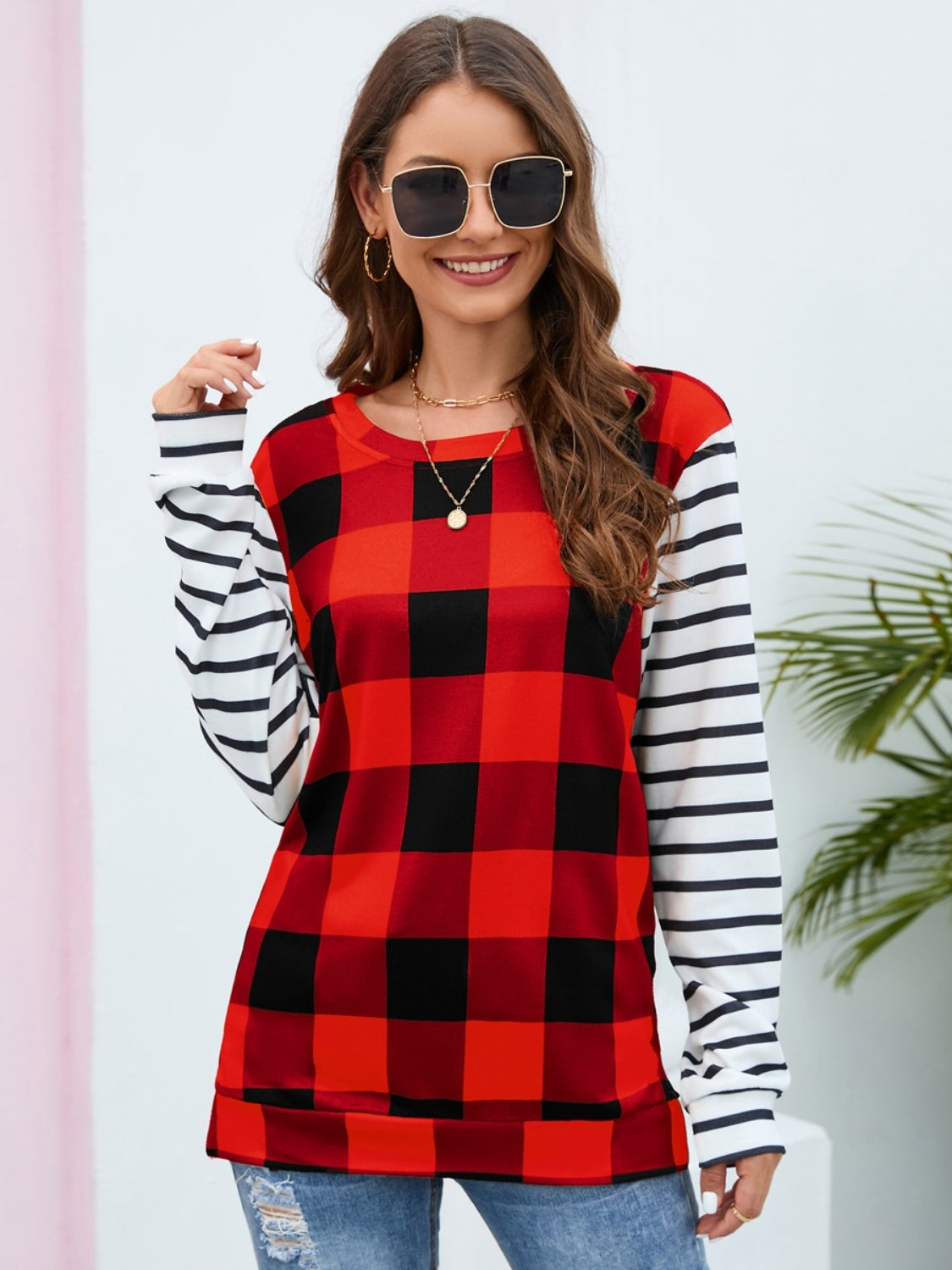 Plaid Striped Round Neck Long Sleeve T-Shirt-Angel Casuals