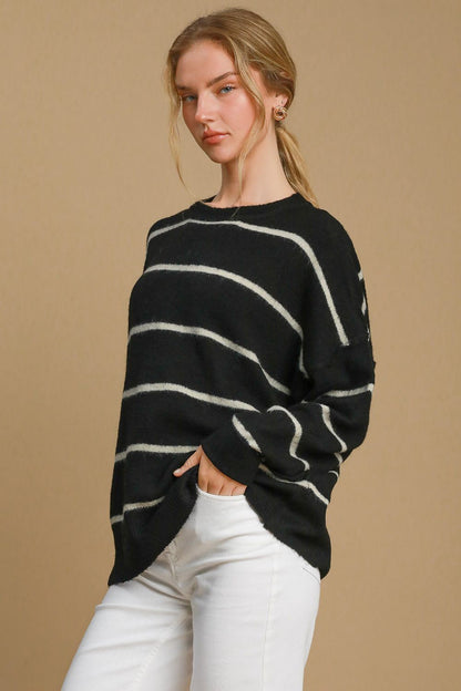 Umgee Wool Blend Striped Round Neck Sweater-Angel Casuals