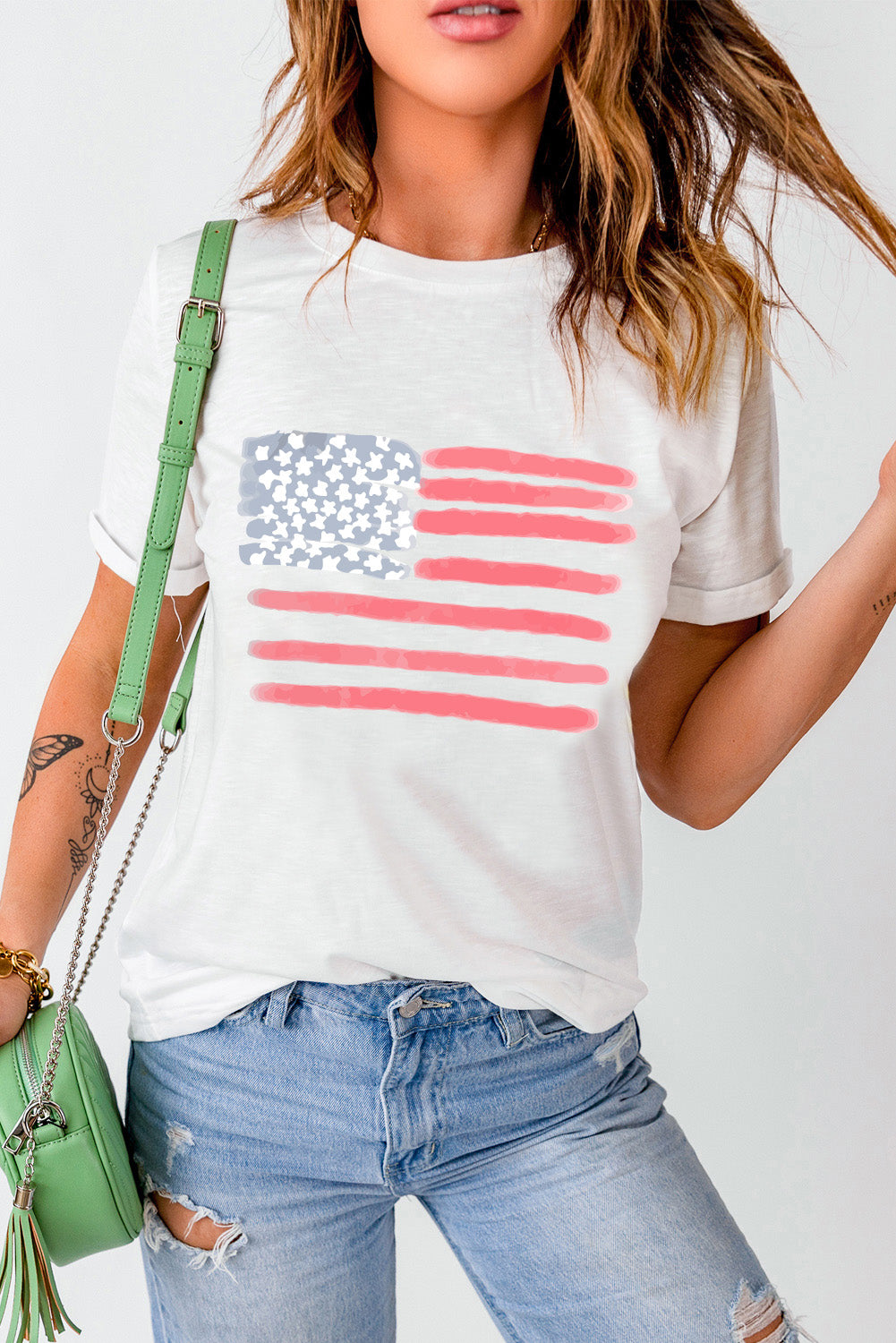 US Flag Round Neck Short Sleeve T-Shirt-Angel Casuals